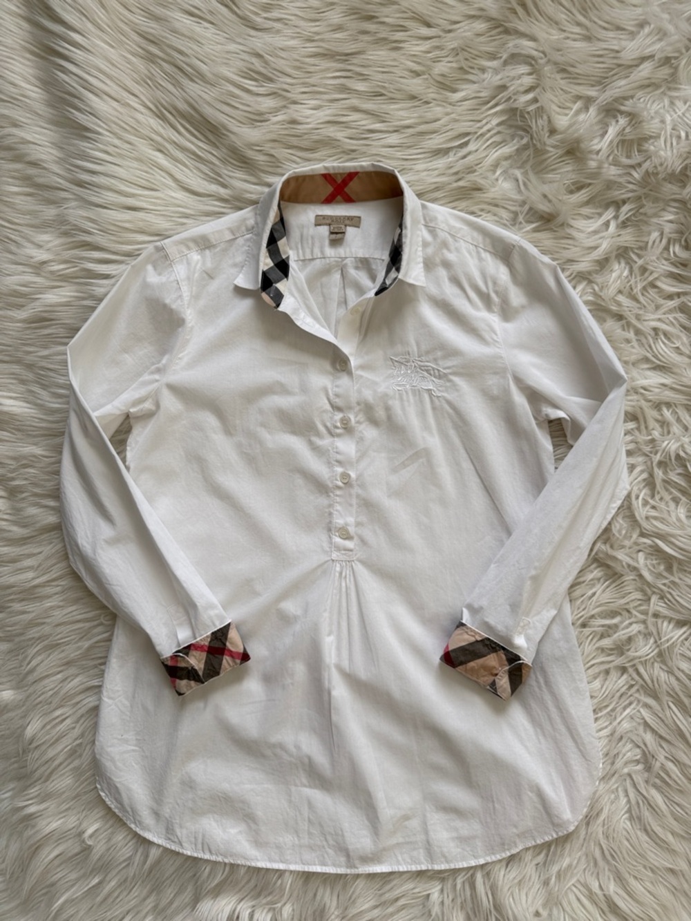 Burberry Brit White Button-Front Shirt with Check Cuff & Neck Detail Size SP - Picture 6 of 15